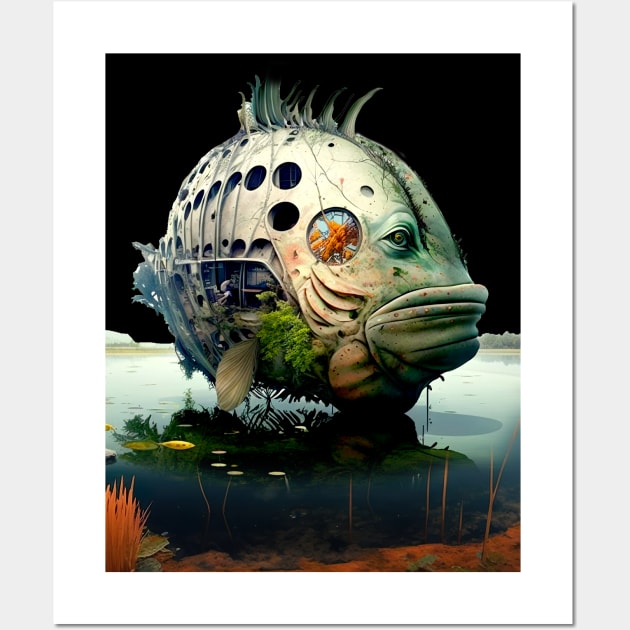 The Armored Angler: The Future of Fish on a Dark Background Wall Art by Puff Sumo